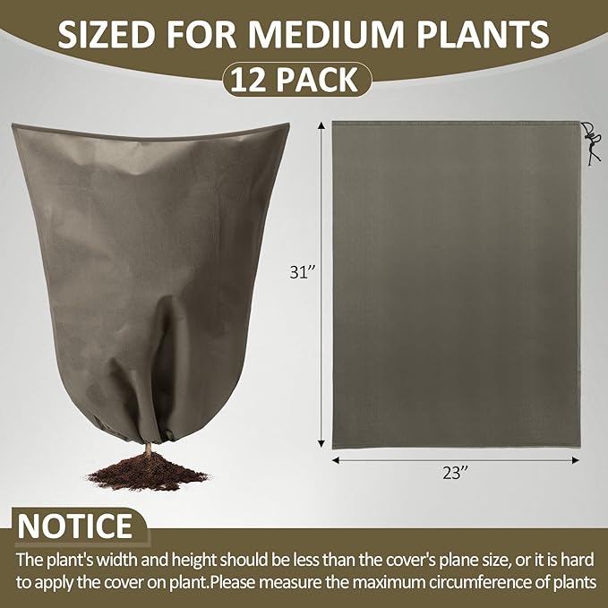 12 Packs Winter Plant Covers Freeze Protection Drawstring Tree Cover 23.62 x 31.5 in Large Reusable