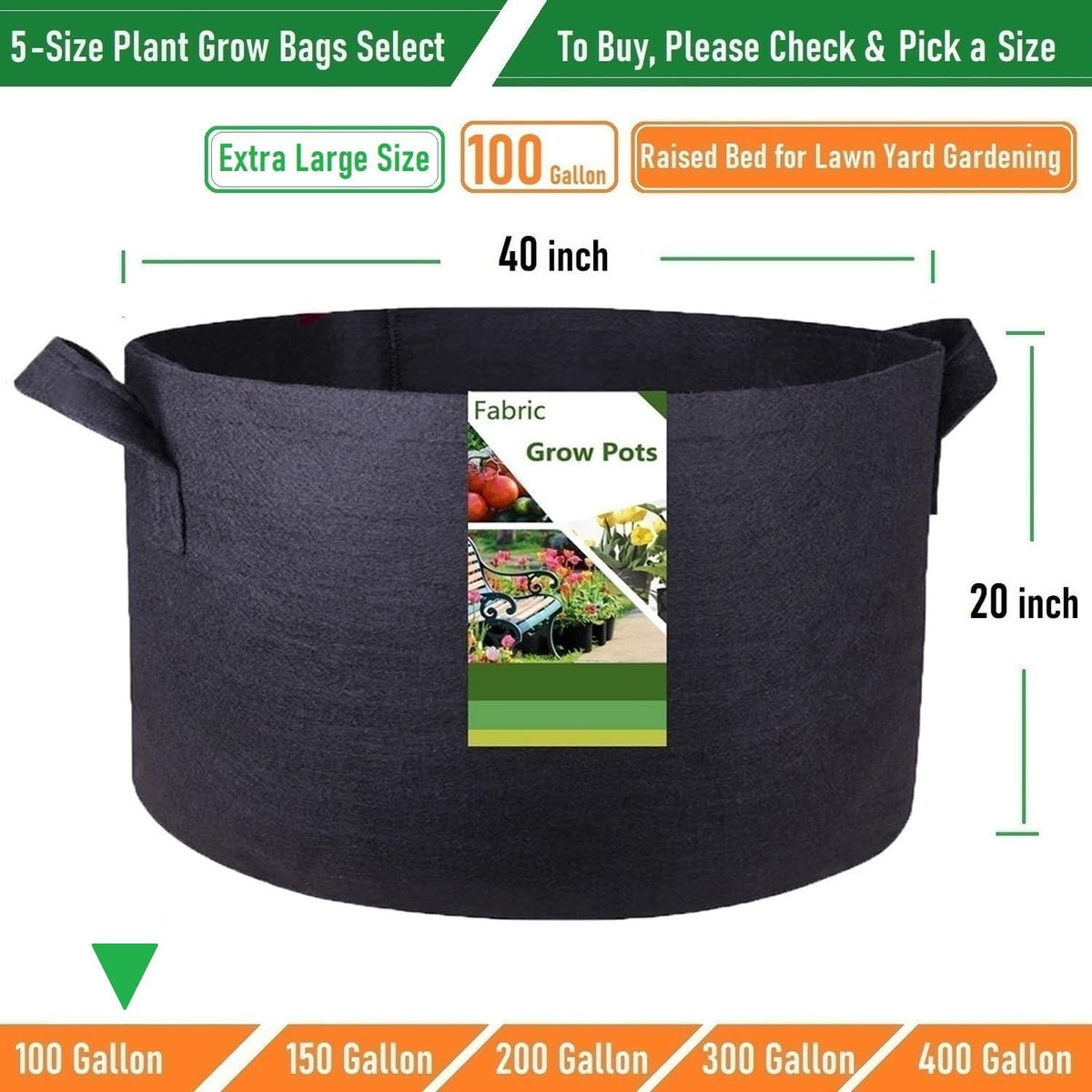100 Gallon Large Raised Garden Bed Bag (40x20 inch) Big Garden Bag Sturdy Plant Grow Bag for