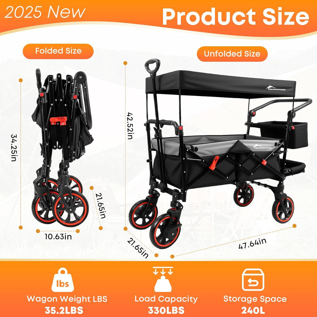 Collapsible Canopy Wagon,Large Capacity Trolley, Foldable Portable cart with Canopy, Adjustable