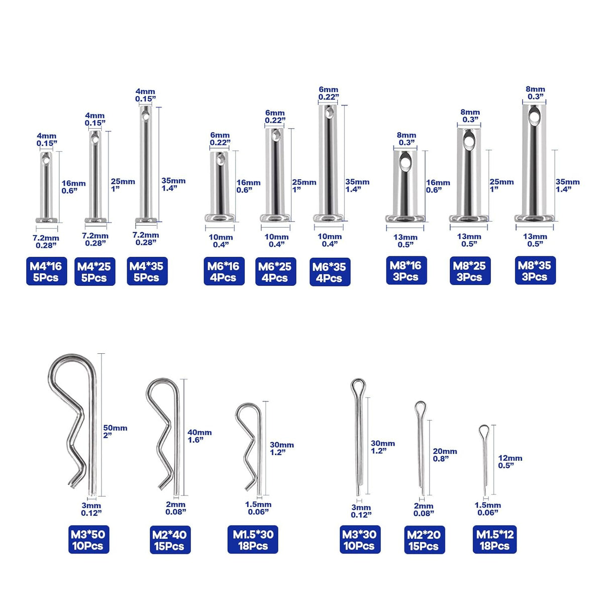 Boatsea 122Pcs Cotter Pin Hair Pin Clevis Pin Assortment Kit,R Clips Retaining Hair Pins
