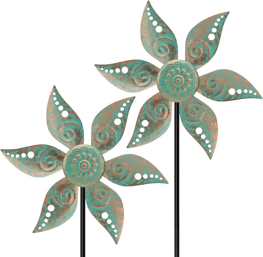 2 Pack Wind Spinners Outdoor Clearance Metal Vintage Green,Wind Sculpture Small Iron Windmill is