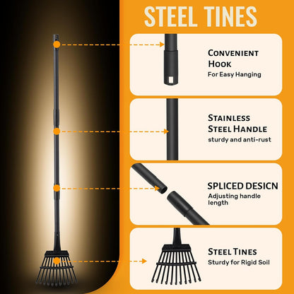 Small Garden Rake for Leaves,11 Tines Heavy Duty Metal Yard Hand Rake with 63in Adjustable