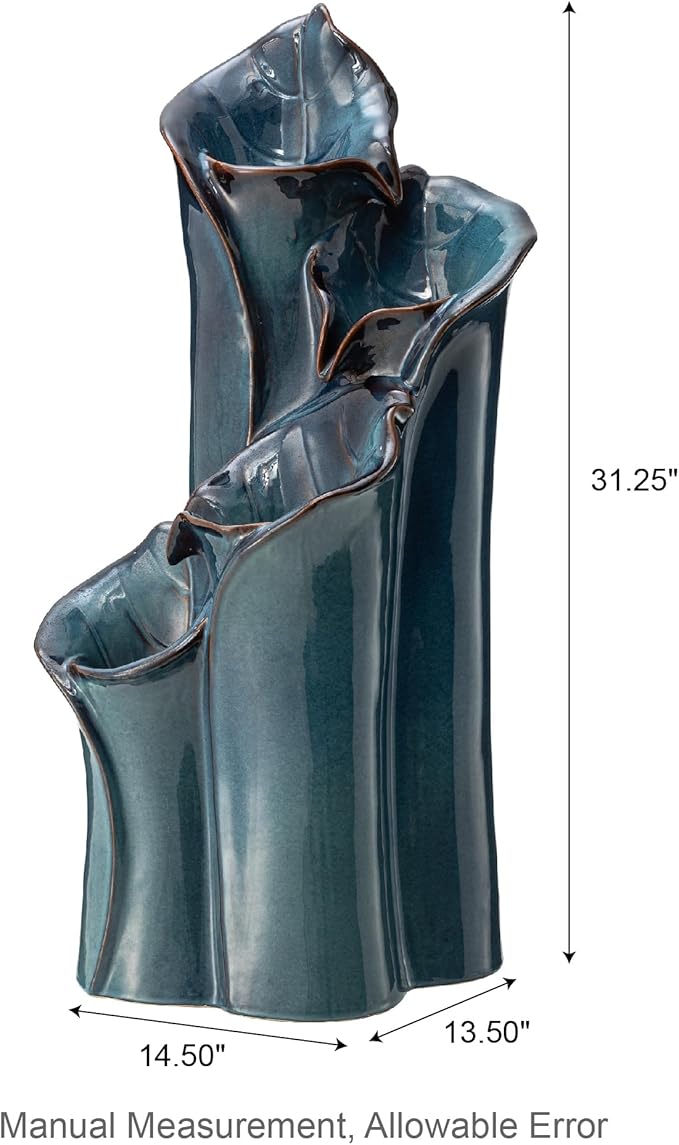 Glitzhome 31.25" H Outdoor Water Fountain with LED Lights and Pump, 4 Tier Turquoise Lotus Leaf