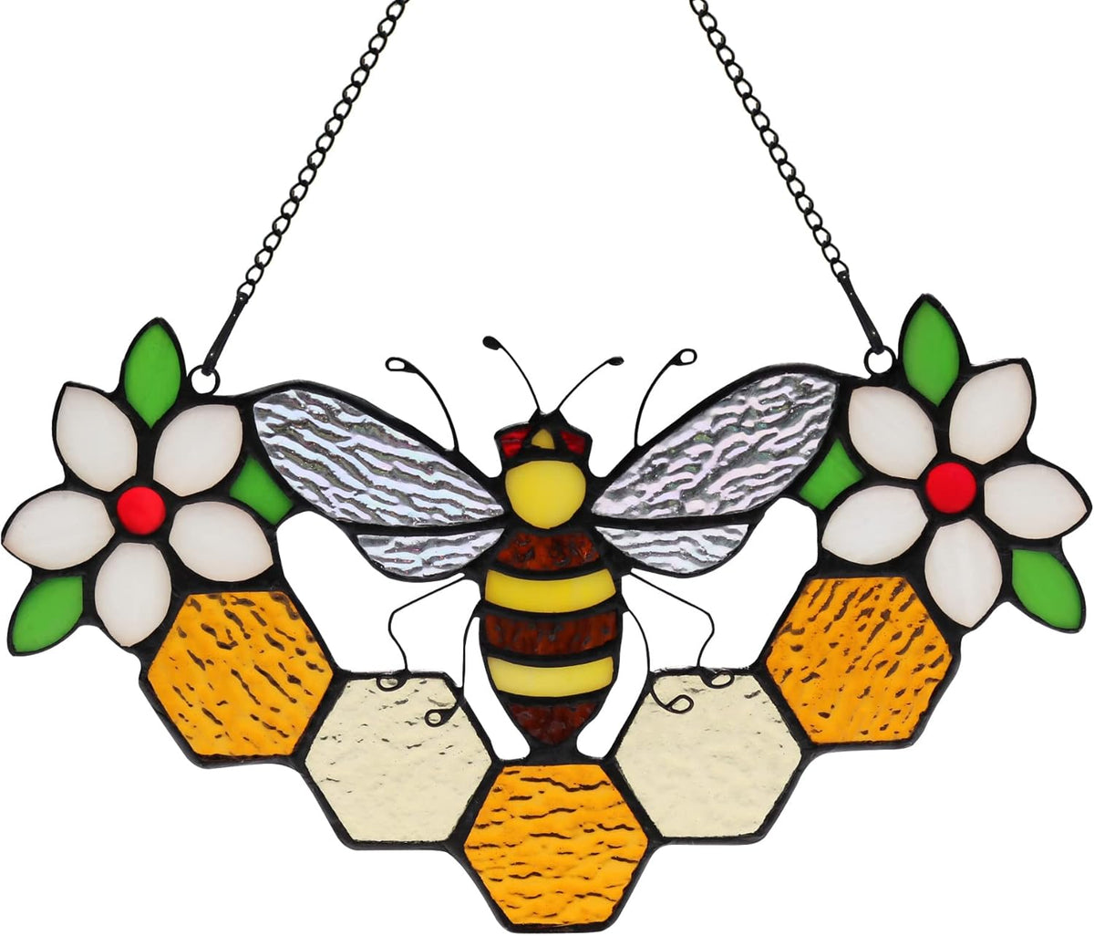 Bee Decor Stained Glass Window Hanging,Honeybee Honeycomb with Flowers Suncatcher for Window,Wall
