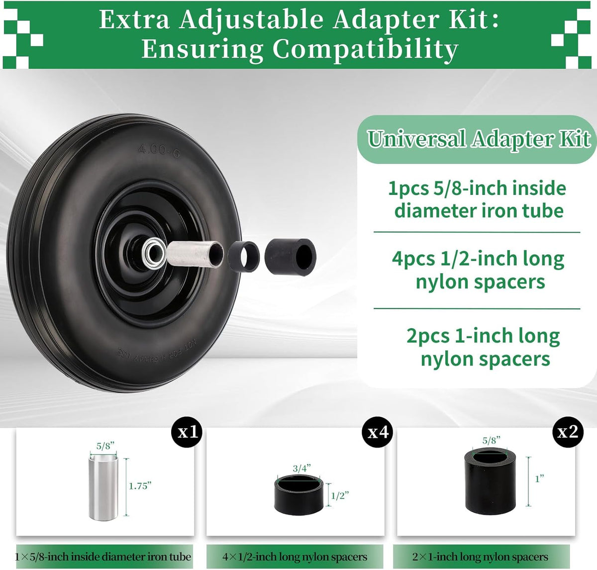 RRQ 4.00-6 Flat Free Tire and Wheel, 13" Solid Wheelbarrow Tire with 1.75" Centered Hub and 3/4"