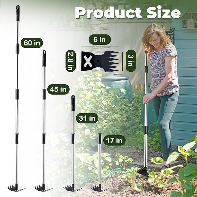 Weed Puller Tool with Long Handle - 60" Manual Weeder Remover Tool, 2 in 1 Hand Weed Rake and