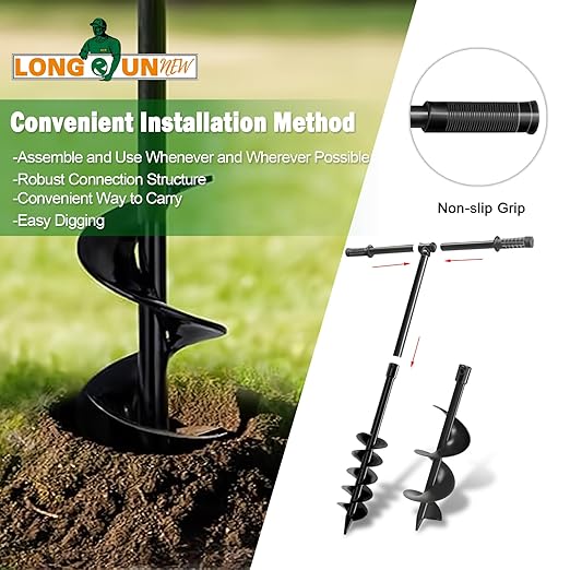 Heavy-Duty T-Shaped Hand Drill Auger Post Hole Digger with Non-Slip Handle - 4" & 6" x 38" Spiral