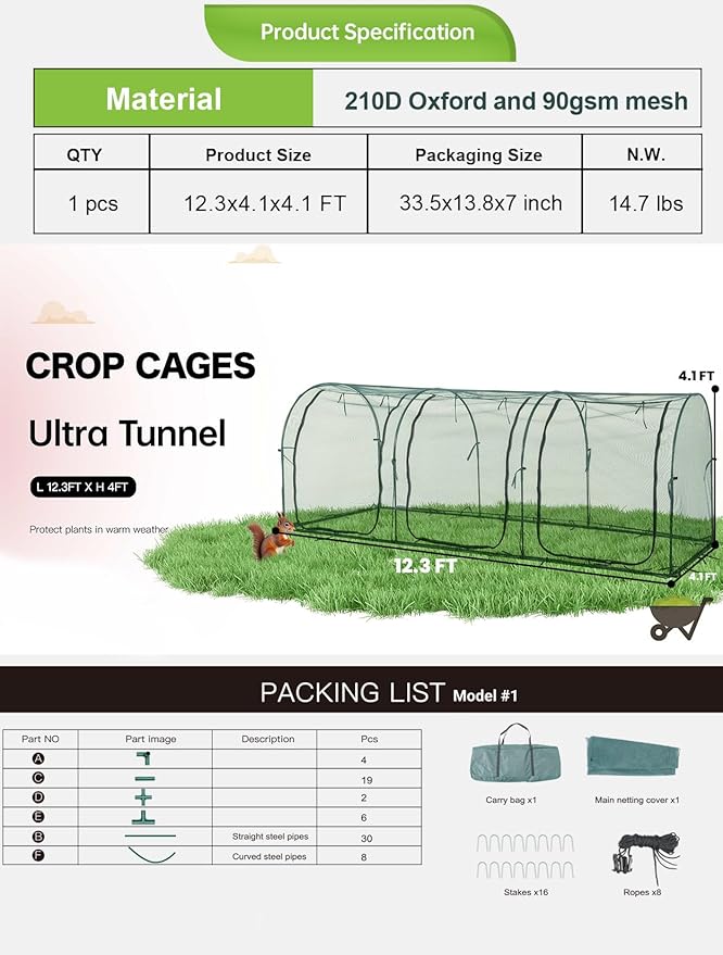 Poray Large 12.3X4FT Tunnel Plant Netting Cover,4.1FT Tall Crop Cage Tomato Netting for