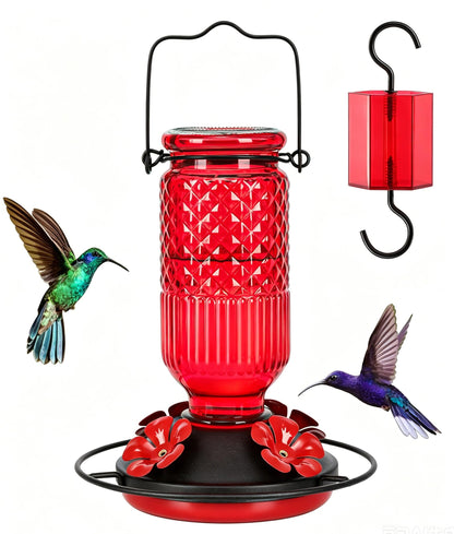FEED GARDEN Glass Hummingbird Feeder for Outdoors Hanging, 16 oz Leak-Proof Nectar Feeder with Bee