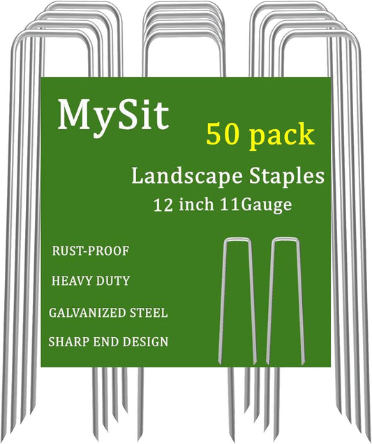 MySit 12" Garden Stakes Pins Landscape Staples 11Ga Tent Stakes 50 Pack, Heavy Duty Galvanized