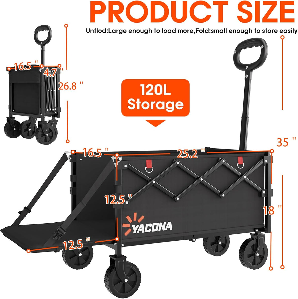 360LBS Heavy-Duty Wagons Carts Foldable 120L Collapsible Wagon Cart with Wheels and Tailgate