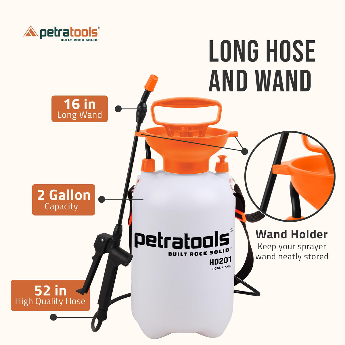 PetraTools HD201 Garden Pump Sprayer 2 Gallon, 52-in Long Hose & 2 Nozzles
