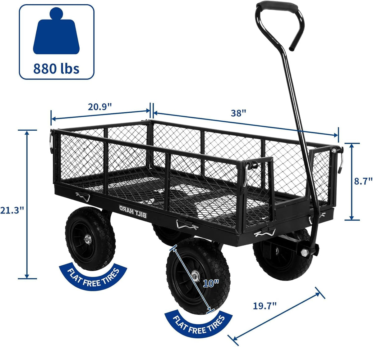 BILT HARD 880 lbs 10" Flat Free Tires Steel Garden Cart with 180° Rotating Handle and Removable