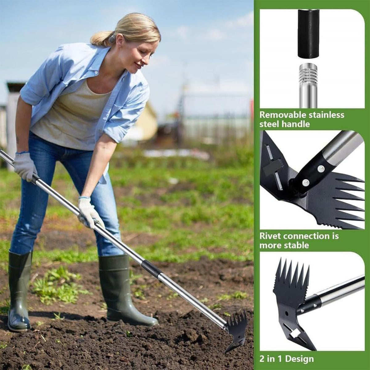 Hoe Garden Tool, 58" Weed Puller Tool with Long Handle, 2 in 1 Hand Weed Rake and Hoe Garden Weeder
