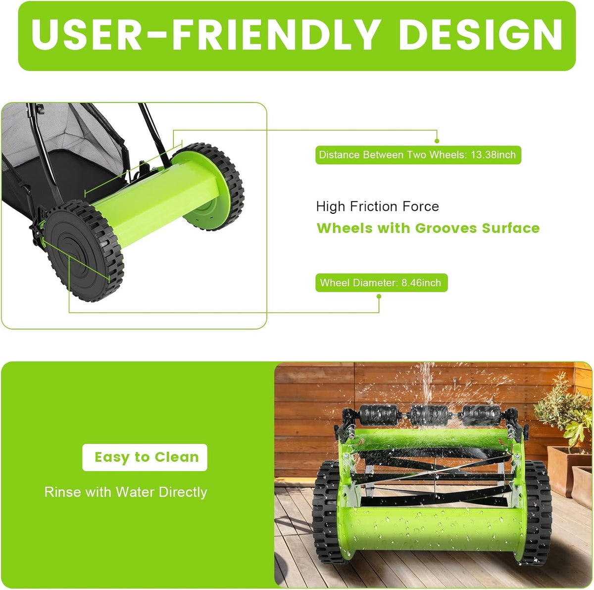 Push Lawn Sweeper, 12 Inch 5 Blade Manual Push Reel Lawn Mower with 23L Collection Bag, Adjustable