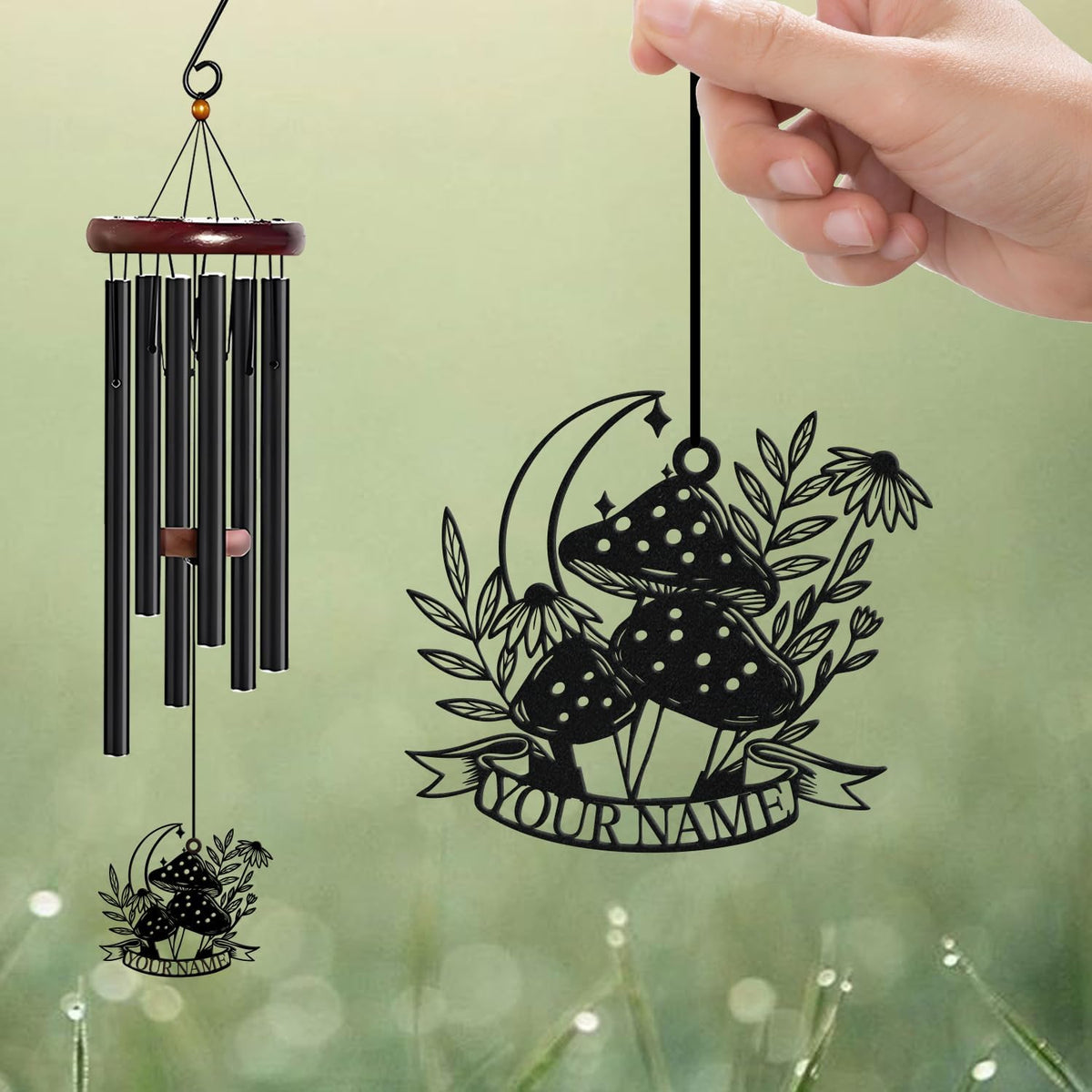 Personalized Customize Name Fantasy Mushroom Wonderland Wind Chime, Metal Iron 37 Inch Outdoor