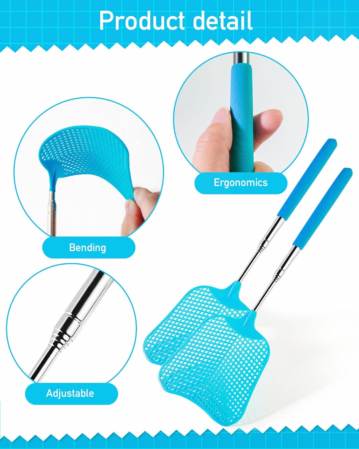 Wapodeai 2 Pack Fly Swatters Heavy Duty Set, Telescopic Fly Swatter, Stainless Steel Handle for