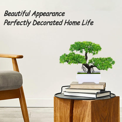 Mini Artificial Bonsai Tree Plants with Plastic Cement Pots for Home Office Décor (Green)