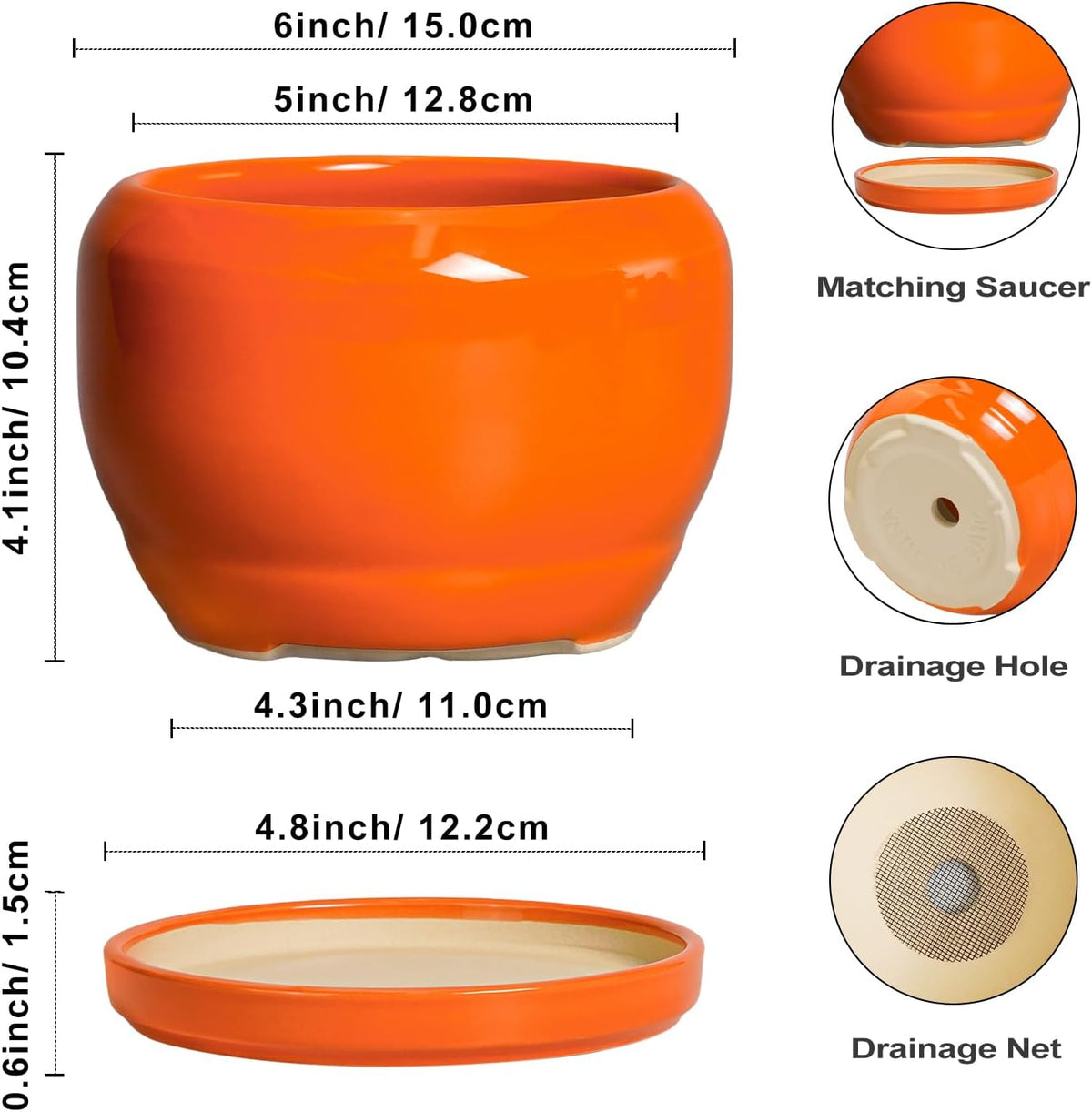 SQOWL Ceramic Plants Pots - 6 Inch Planter Indoor with Drainage Hole and Plant Saucer, Modern Round