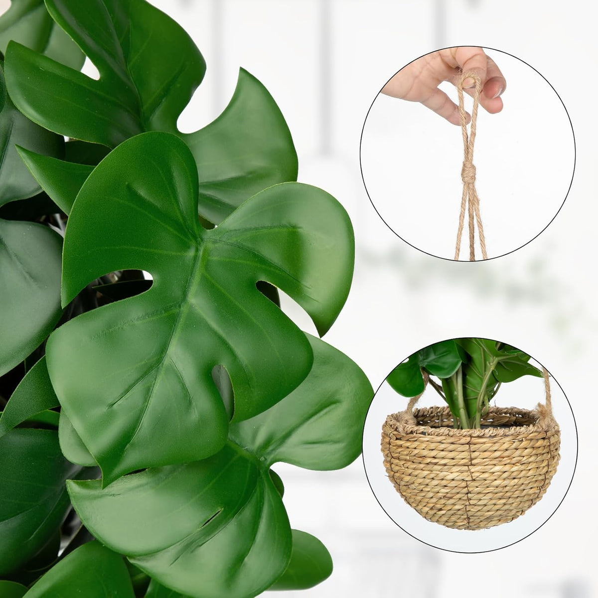 Large Fake Hanging Plants in Pot for Indoor & Outdoor, Long Artificial Hanging Monstera Plants