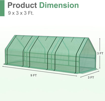 Aoodor 9 x 3 x 3 ft Mini Greenhouse with 3 Zipper Doors, Water-Resistant, UV-Protected for Flowers