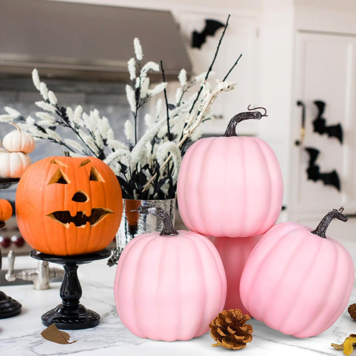 Artmag 6 Inch Large Artificial Pink Pumpkins, 4PCS Faux Foam Harvest Pumpkins for Fall Autumn
