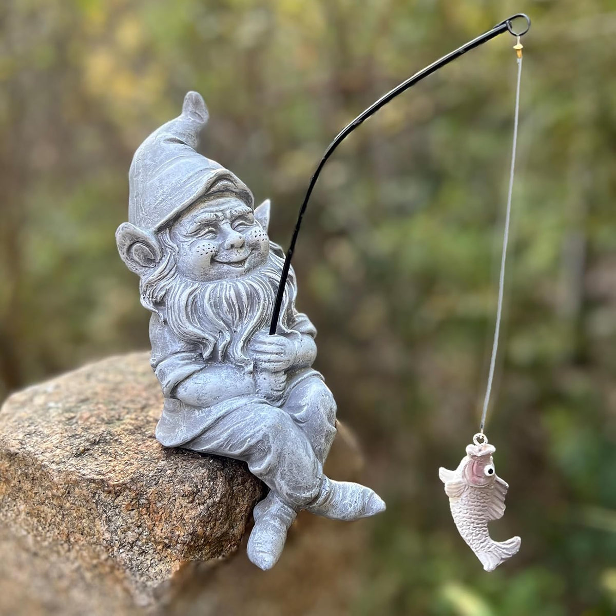 Garden Gnome Pond Statue Decoration, Fishing Gnome Garden Statue Outdoor Koi Pond or Waterfall
