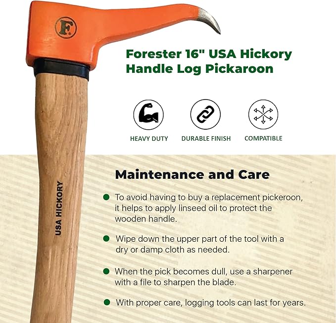 FORESTER Pickaroon Logging Tool 16in | USA Hickory Handle | Hookaroon Logging Tool | Log Roller