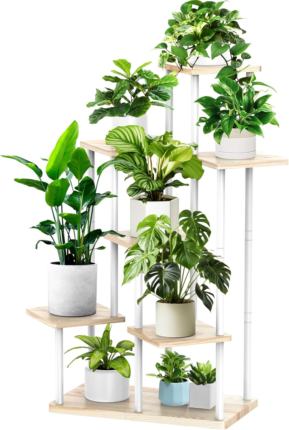 7 Tier Wood Tall Plant Stand Metal Rack Indoor, Multiple Flower Pot Holder Shelves Corner Rack