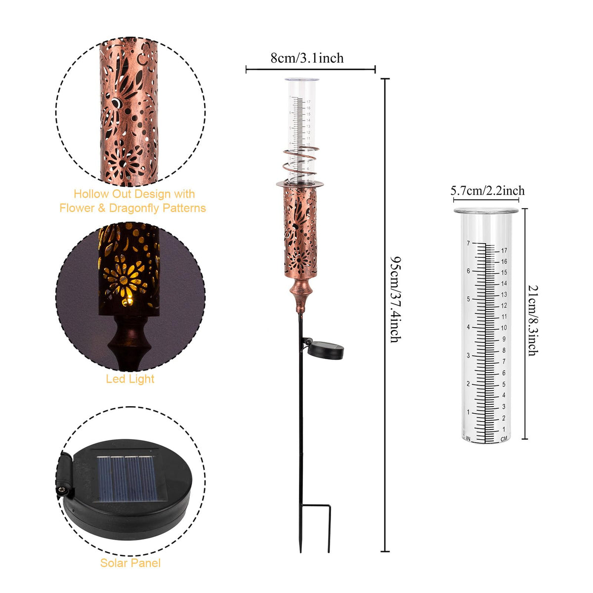 VEWOGIFT Rain Gauge Outdoor, Solar Water Gauge for Rain