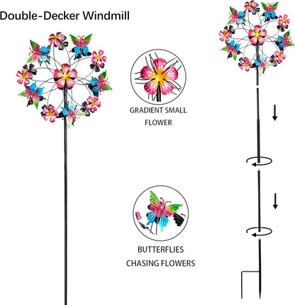 38" Double Blade Butterfly Wind Spinners Outdoor, Colorful Butterflies Kinetic Outdoor Decor for