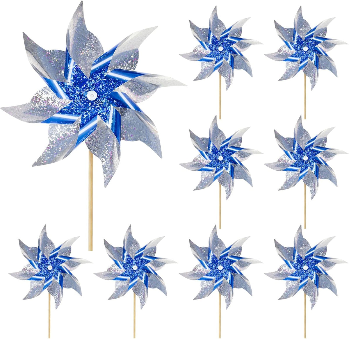 10 Pack Reflective Pinwheels for Yard and Garden, Wind Spinners Outdoor Bird Scare Devices, Sparkly