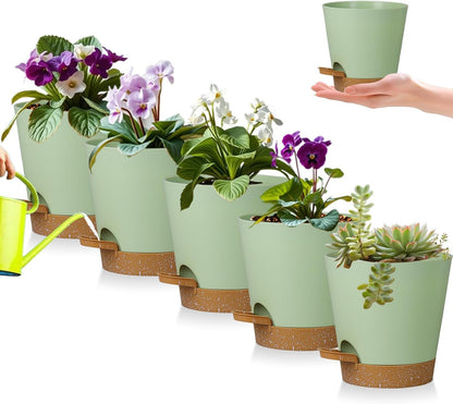 5 Pack 5 inch Self-Watering Pots, African Violets Planter with Drainage Holes and Reservoir, Green