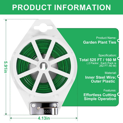 2 Pack Twist Ties, 525 Feet Rustproof Flexible Garden Plant Tie with Cutter