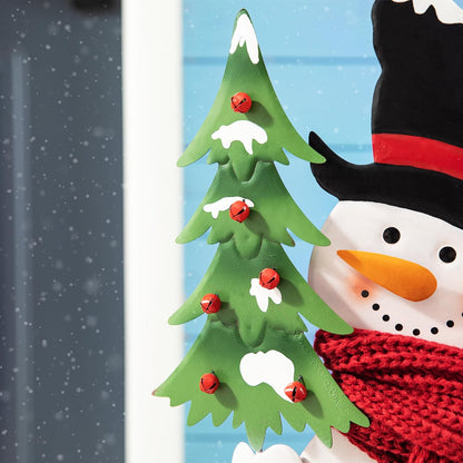 Glitzhome 32”H Metal Snowman Porch Décor Bike Wheel Cute Snowman with Red Scarf Hat Christmas Tree
