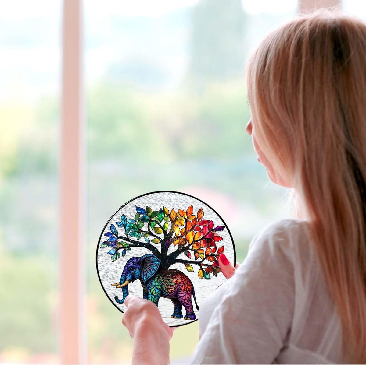 Elephant Tree Stained Glass Window Hanging Boho Animal Sun Catcher Decor Birthday Gifts for Women