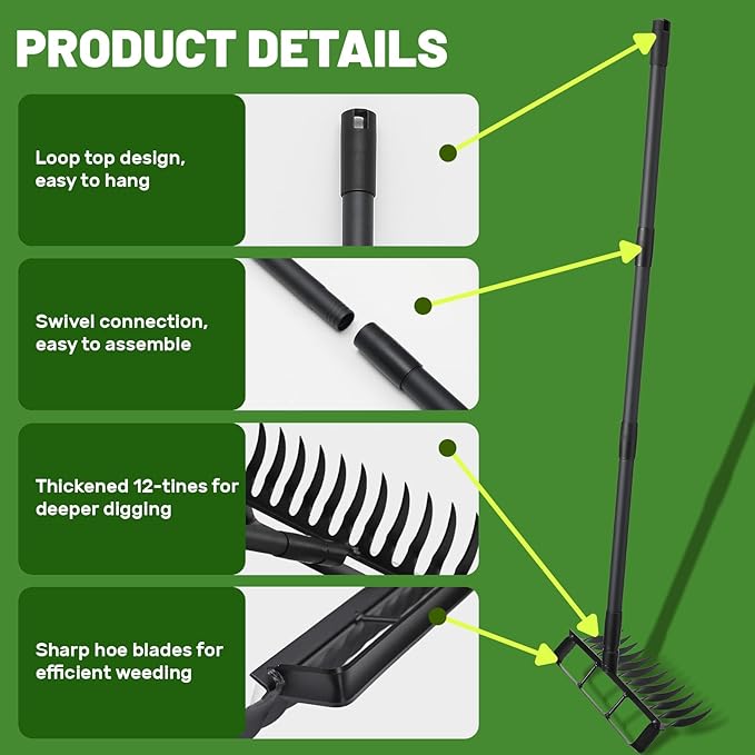2 in 1 Stirrup Hula Hoe Garden Tool, 12 Tines Cultivators for Gardening, Weed Puller Tool with 76"