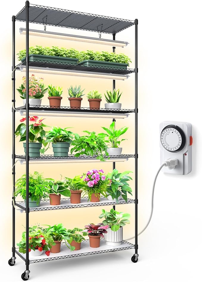 Barrina CX6 Plant Stand with Grow Lights, 3FT T8 30W(Per Light) Full Spectrum Yellow LED Plant