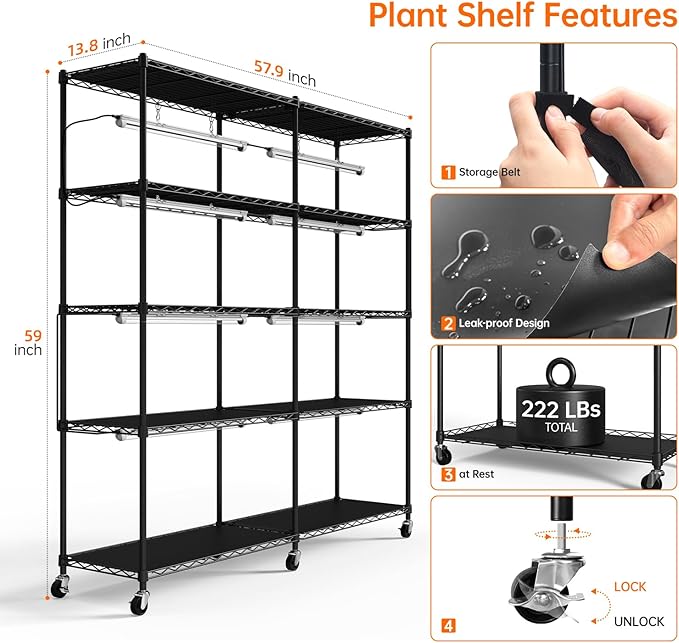 Bstrip 5-Tier Plant Shelf with Grow Light, Large L-Shaped or Long Shape Indoor Plant Stand, 8 Pack