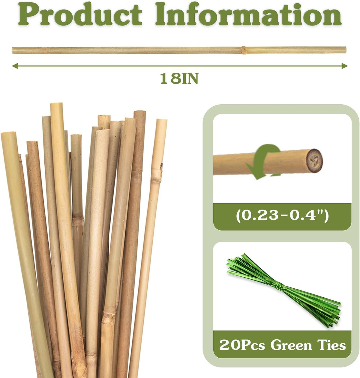 Plant Stakes 18inch, 20Pcs Natural Bamboo Sticks Garden Stakes, HAINANSTRY Plant Support Stakes for