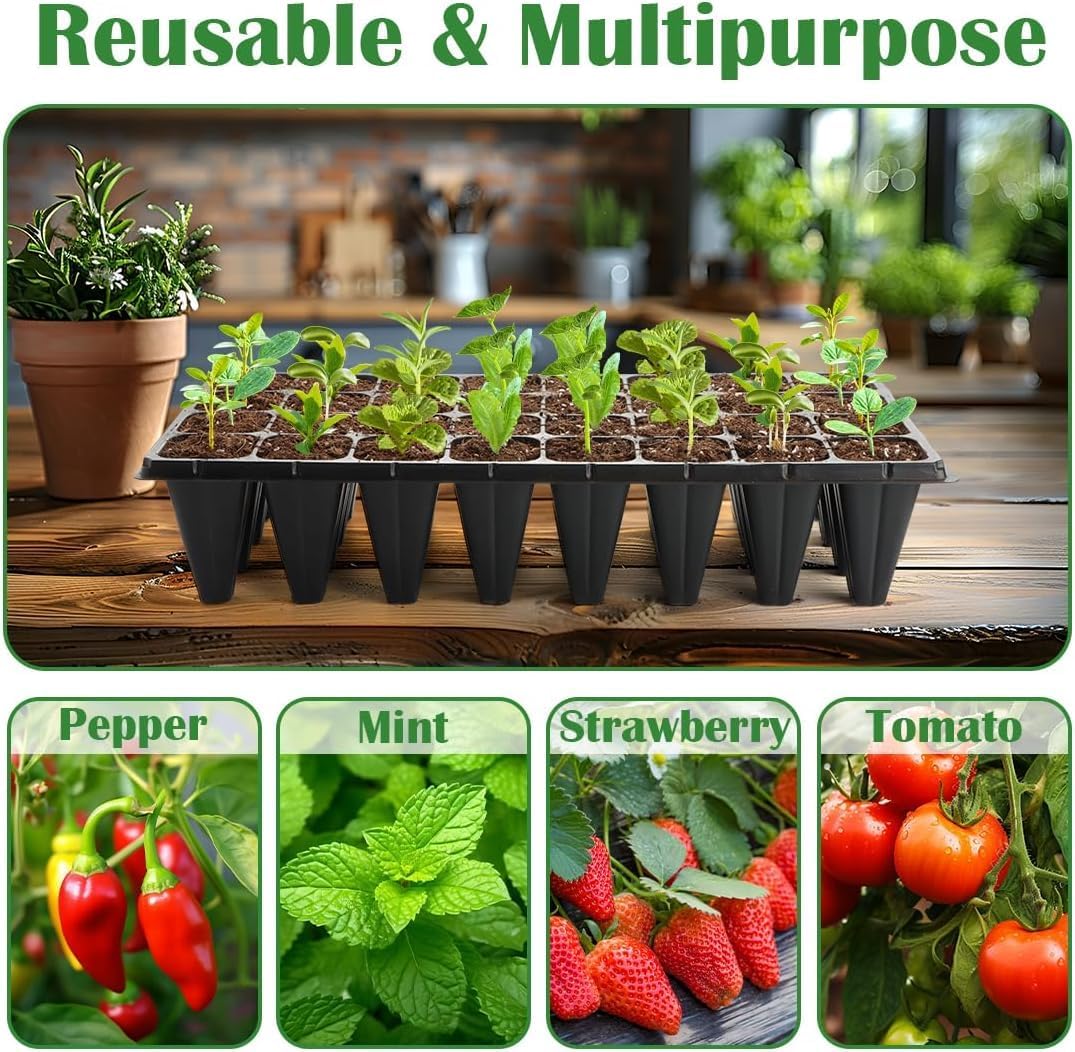 10 Pack 1020 Seedling Starter Trays with 10 Pack 32 Cell Plug Inserts Extra Deep 4.33" - Heavy Duty