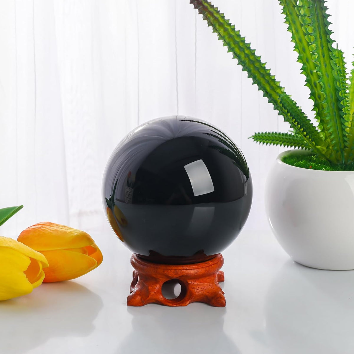 Black Obsidian Crystal Ball 100mm/3.9 inch with Rose Wooden Stand and Gift Box for