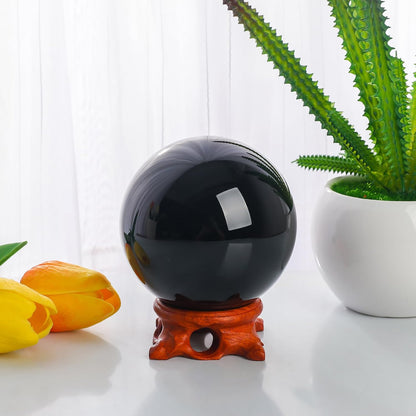 Black Obsidian Crystal Ball 100mm/3.9 inch with Rose Wooden Stand and Gift Box for