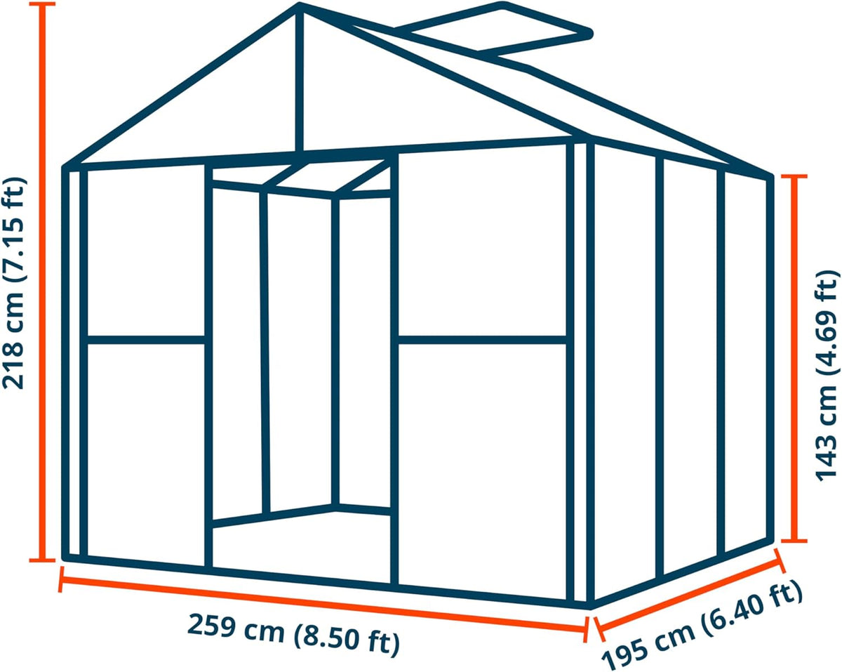 Greenhouse Saphir 3 Aluminum Frame 8.5 x 6.4 ft Approx. 8 mm Polycarbonate Panels - with Bonus Base
