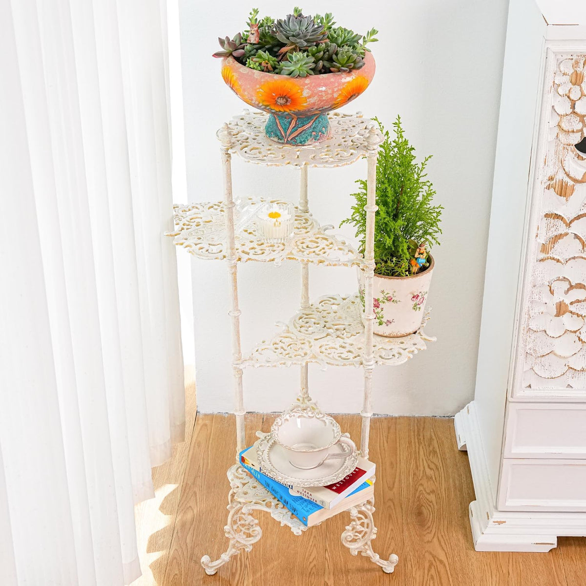 Sungmor Vintage Cast Iron 4-Tier Plant Stand, Elegant Butterfly & Floral Design with Antique White