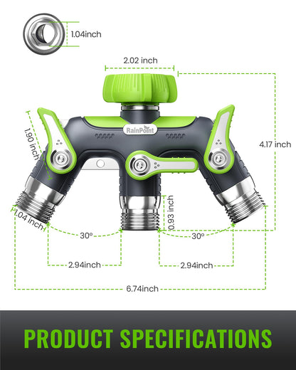 RAINPOINT 3 Way Hose Splitter, 100% Metal Heavy Duty Garden Hose Splitter With 1.9" Extra Long