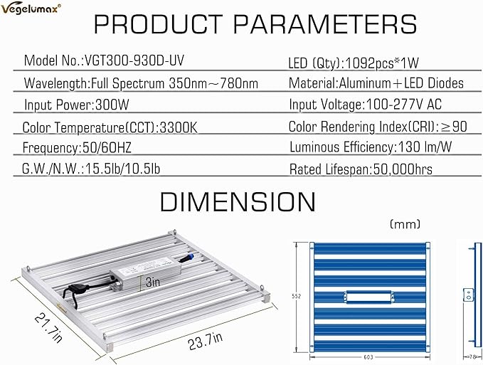 300Watt LED Grow Lamp UV IR Full Spectrum 4x4 5x5ft Coverage Grow Light Bar with 1092pcs Diodes 7