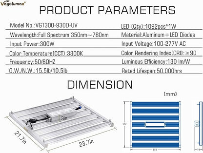 300Watt LED Grow Lamp UV IR Full Spectrum 4x4 5x5ft Coverage Grow Light Bar with 1092pcs Diodes 7