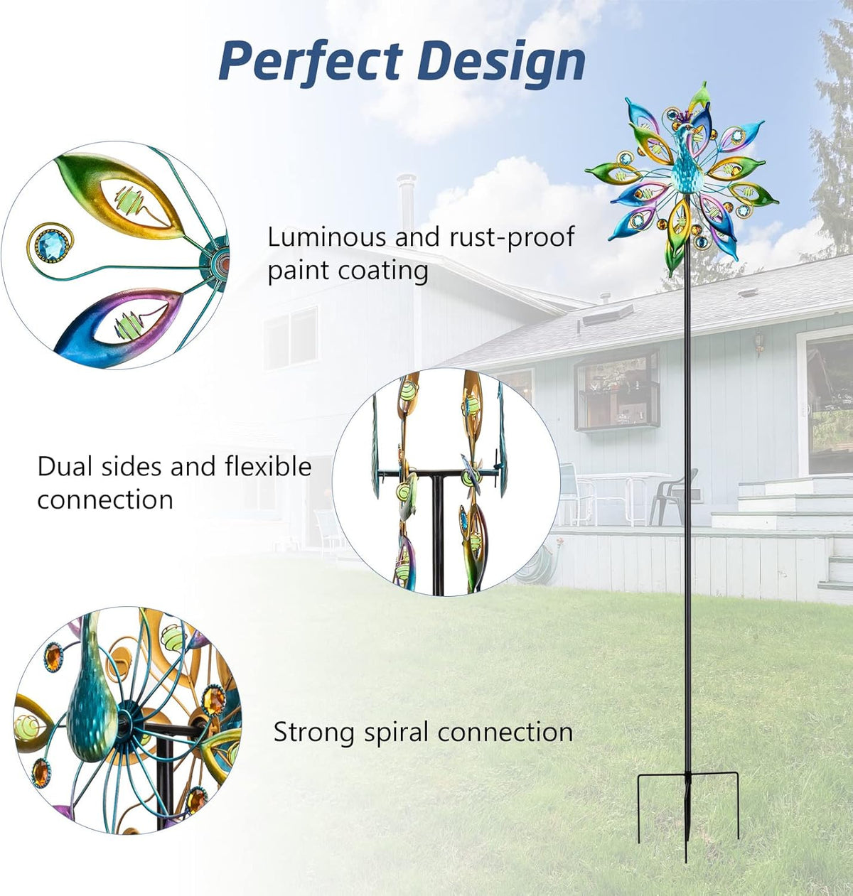 DREAMYSOUL Outdoor Peacock Wind Spinners with Gem Decor, 13" D*65" H Double Sided Kinetic Wind