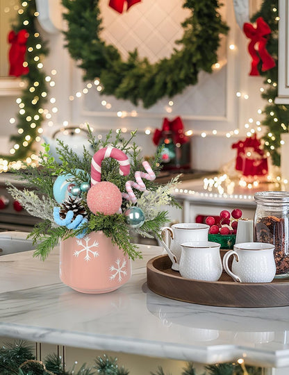Christmas Centerpieces for Tables, Small Christmas Table Arrangements with Ceramic Vase Pink & Blue